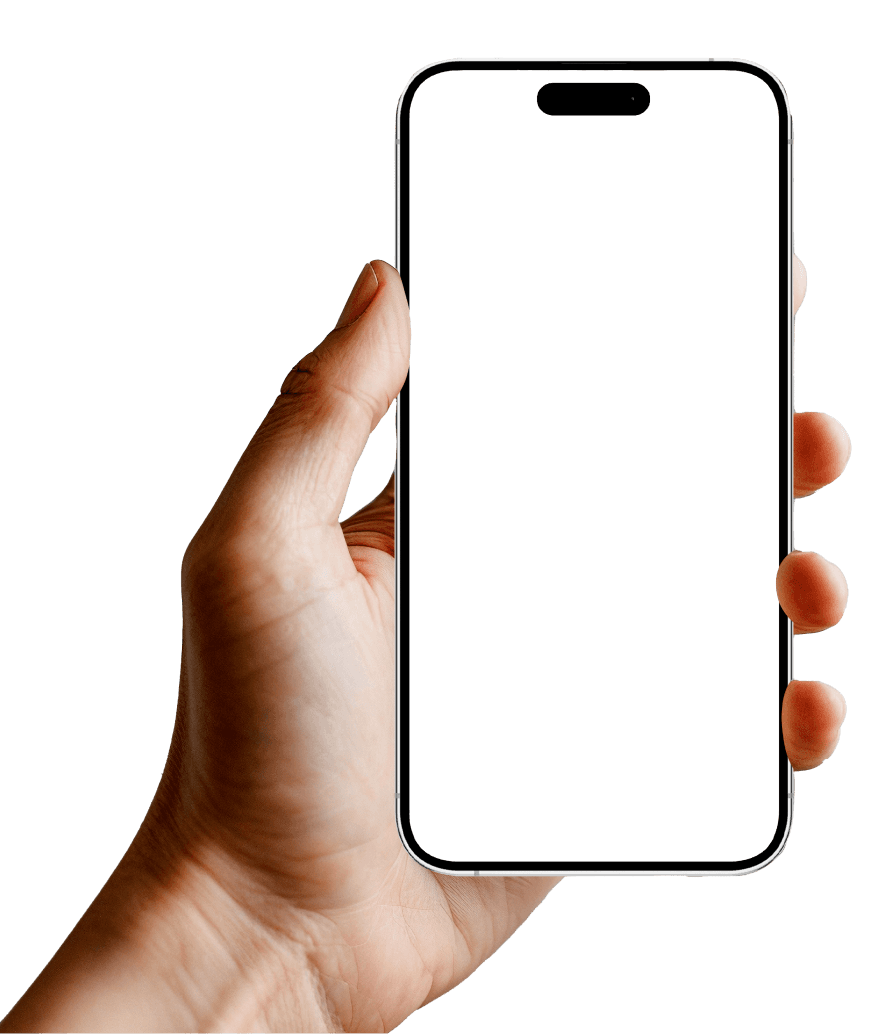 A hand holding an iPhone showing the CardChing app